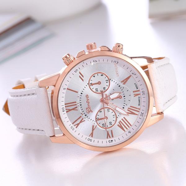 Fashionable Quartz Watch Geneva Scale Leather Belt Unisex Wristwatch Casual Style round Dial Stainless Steel Buckle Waterproof Not